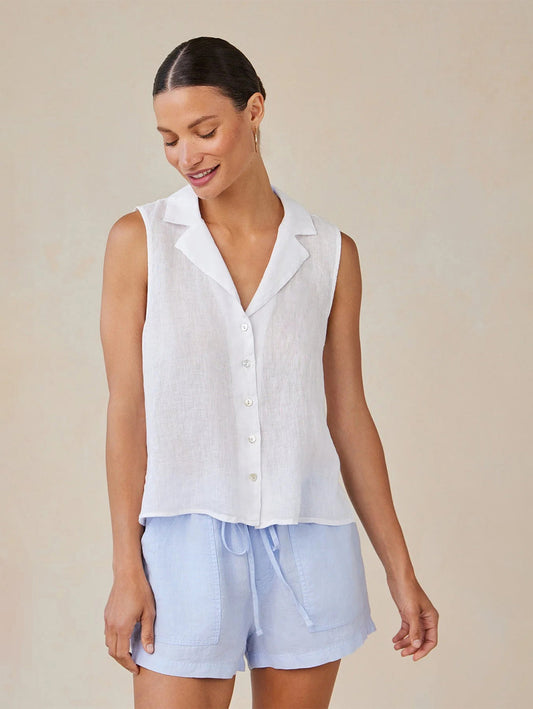 Sleeveless Notch Collar Button Down - White