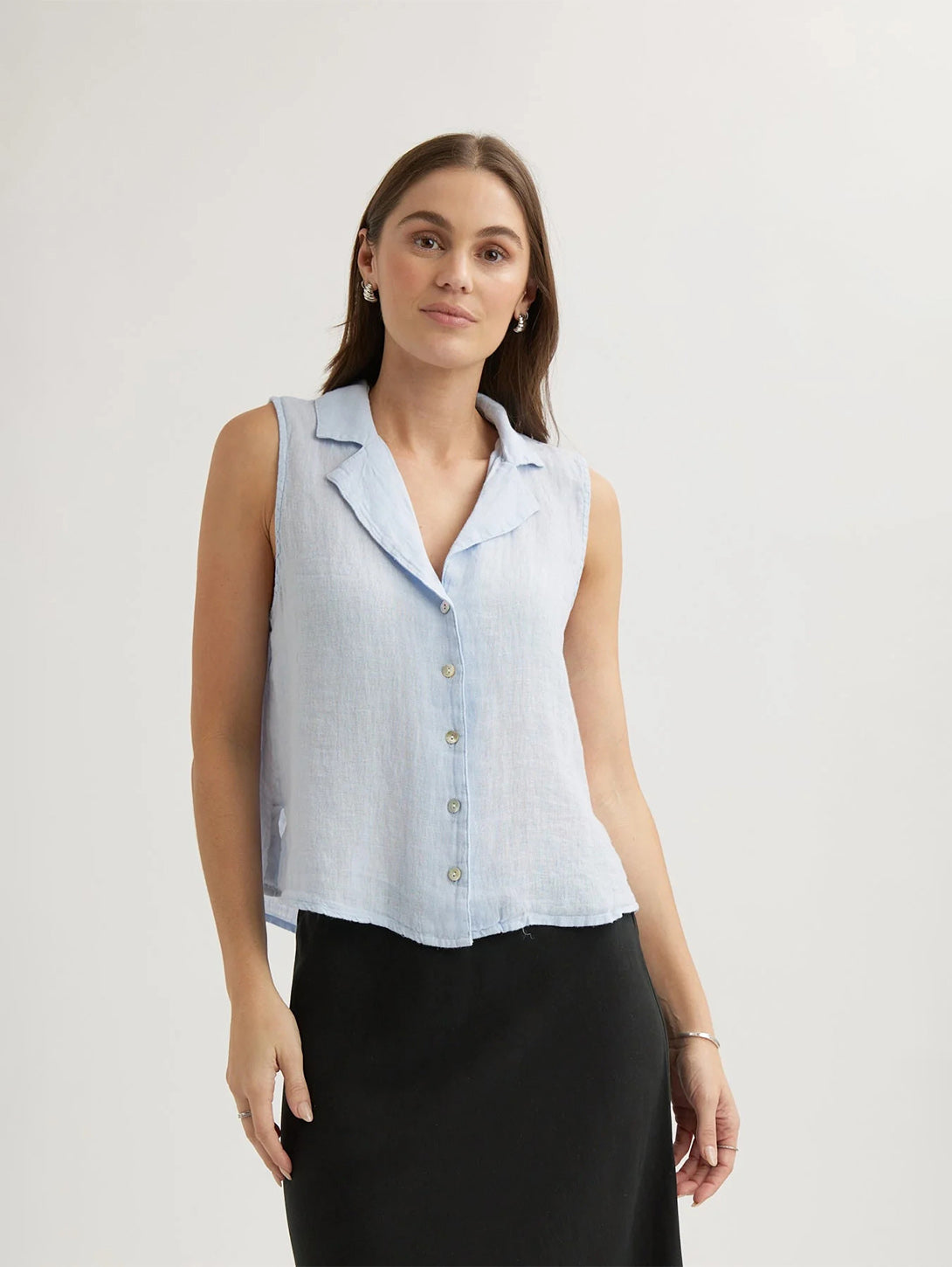 Sleeveless Notch Collar Button Down Shirt - Perennial Blue