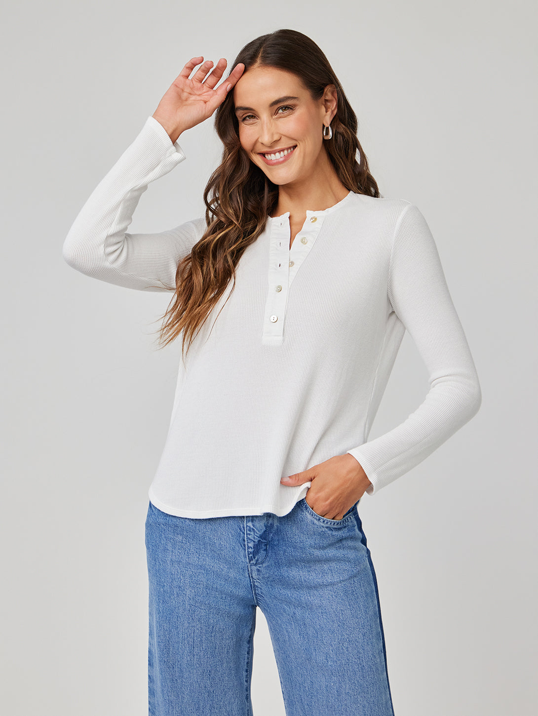 Long Sleeve Wide Placket Henley - White