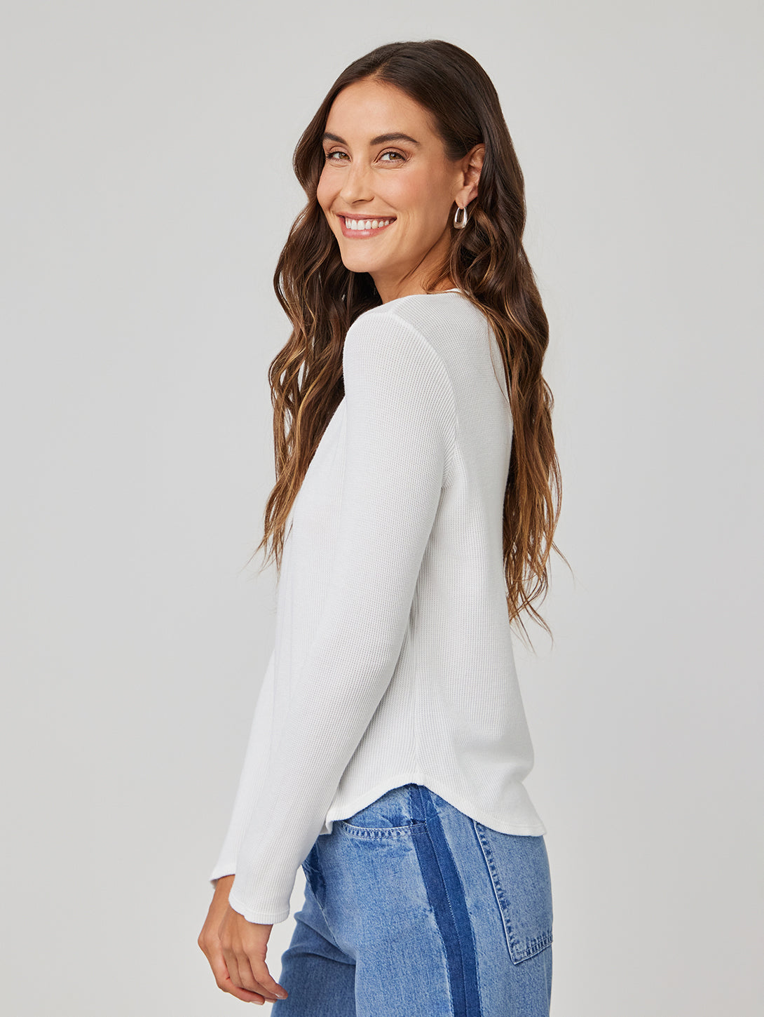 Long Sleeve Wide Placket Henley - White