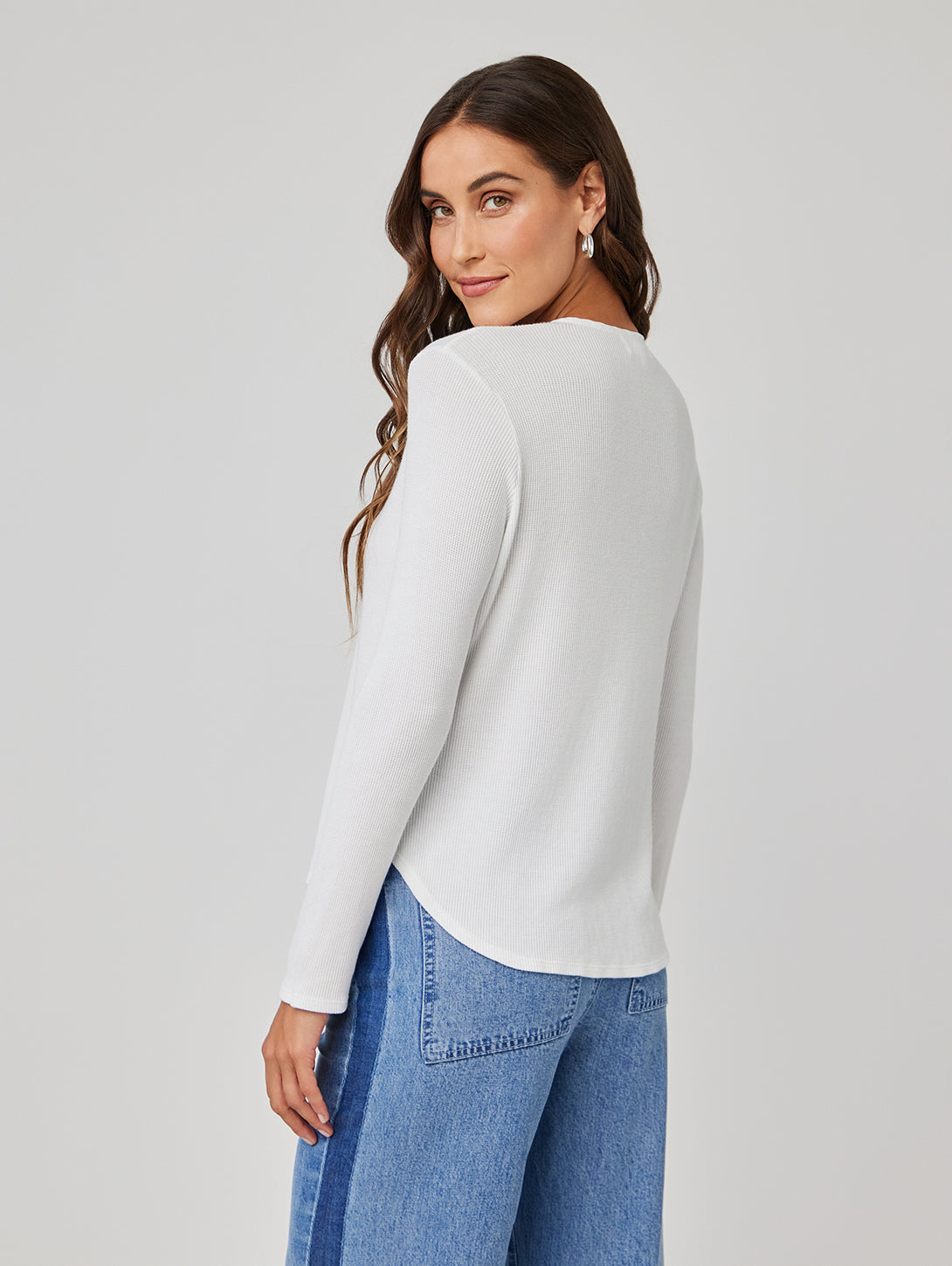 Long Sleeve Wide Placket Henley - White