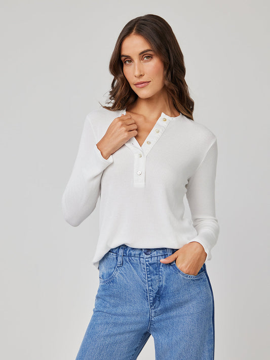 Long Sleeve Wide Placket Henley - White