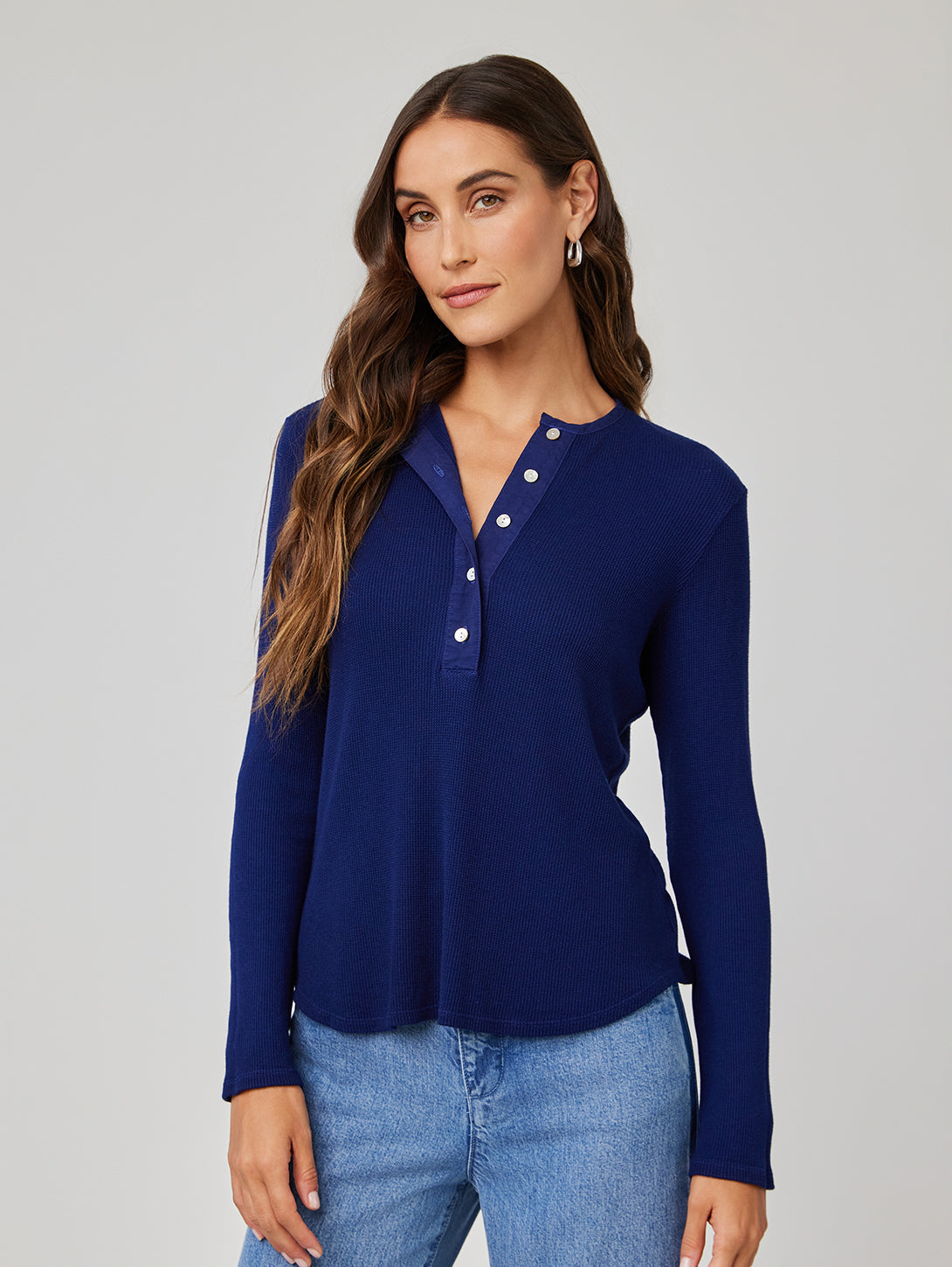 Long Sleeve Wide Placket Henley - Navy Coast