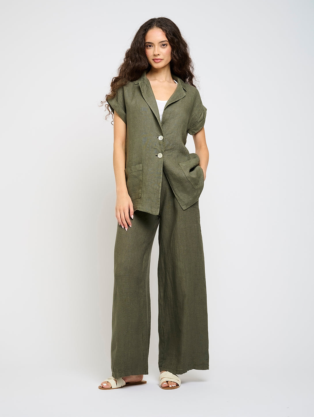 High Waisted Linen Pant - Green Vine