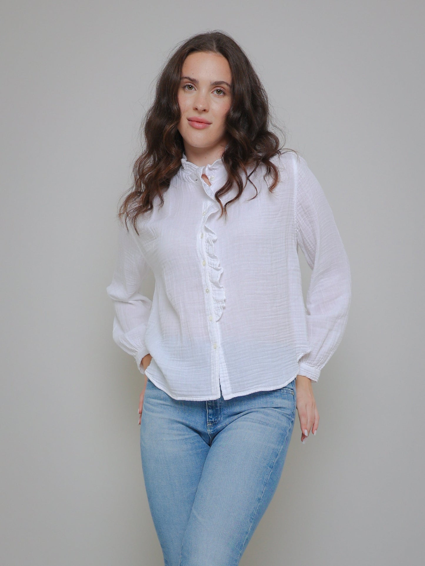 Trisha Cotton Gauze Flutter Shirt - White