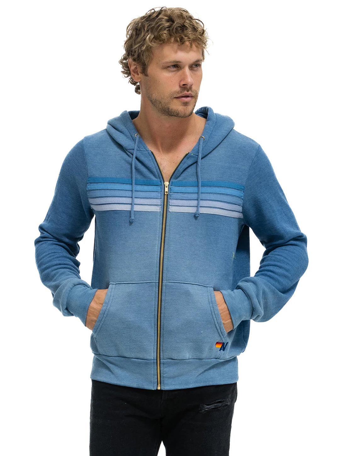 5 Stripe Zip Hoodie - Faded Water