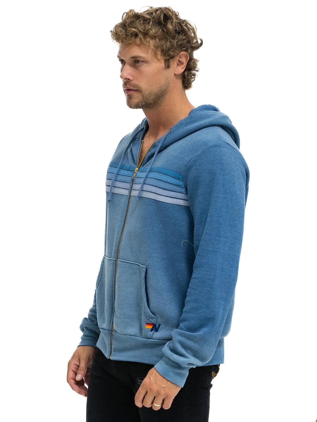 5 Stripe Zip Hoodie - Faded Water