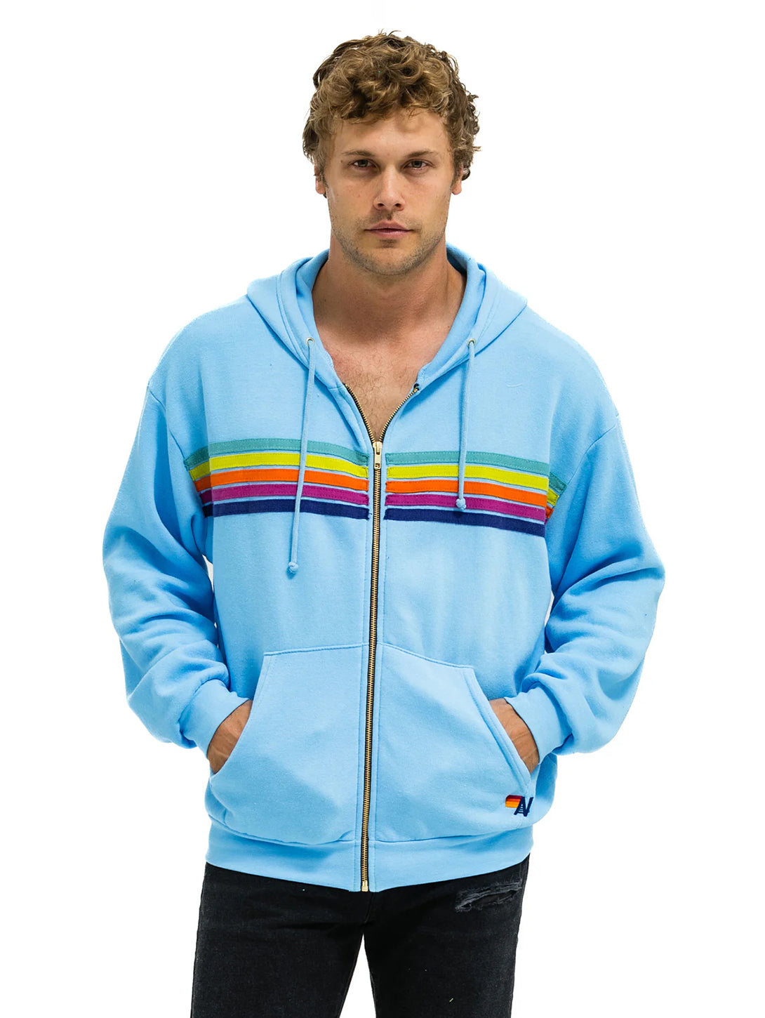 5 Stripe Zip Hoodie - Sky/Rainbow