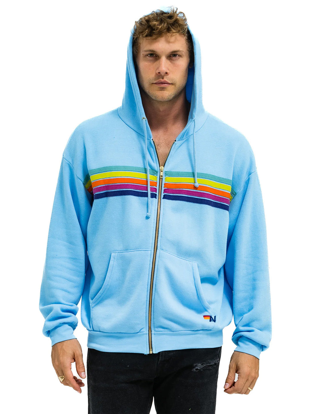 5 Stripe Zip Hoodie - Sky/Rainbow