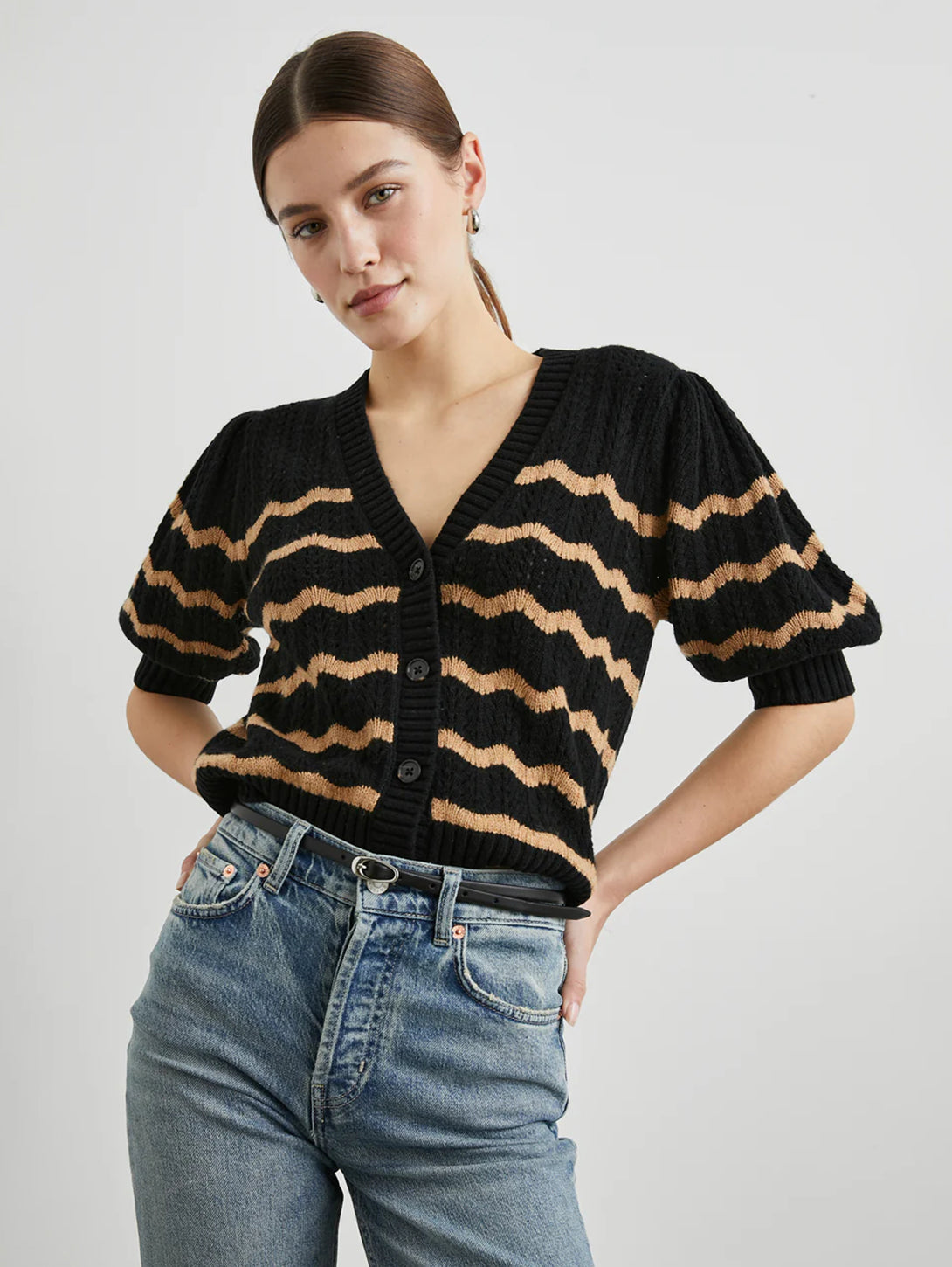 Isla Cardigan - Black Camel Stripe