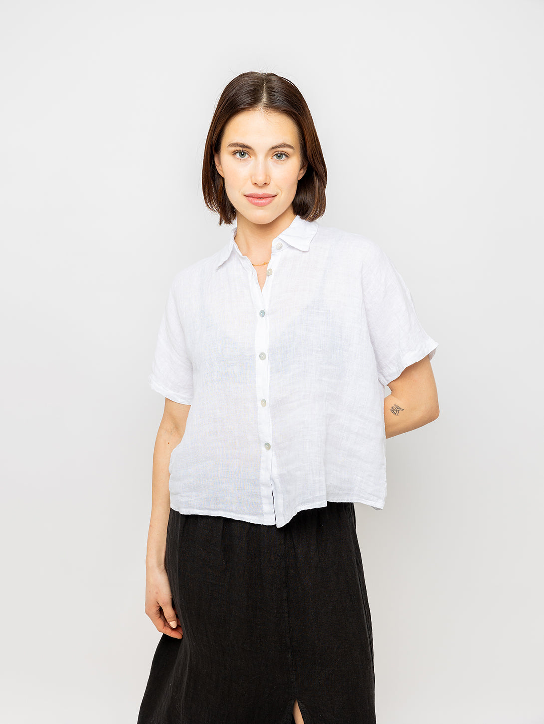 Short Sleeve Linen Blouse - White