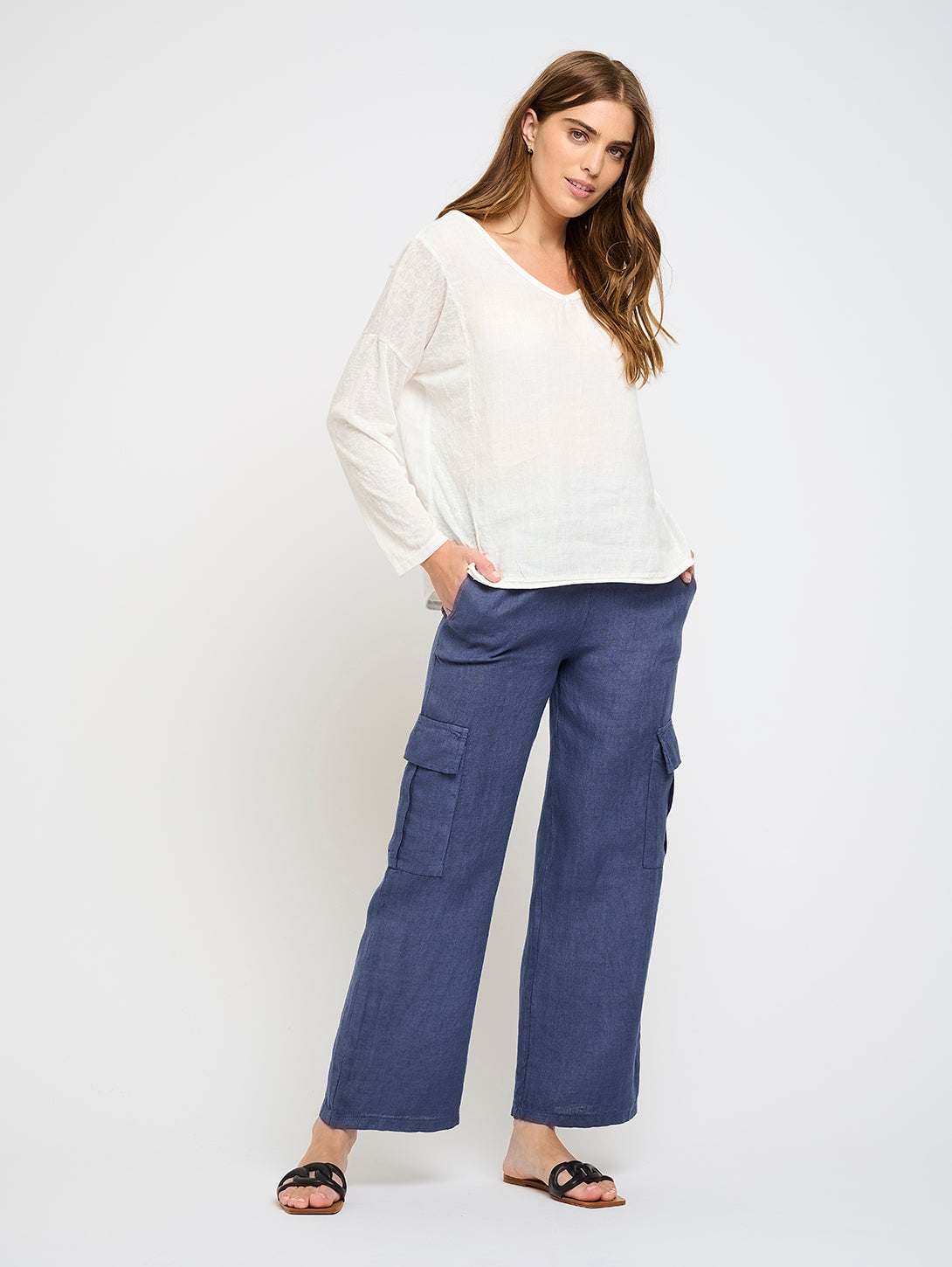 Linen Cargo Pant - Deep Sea Blue