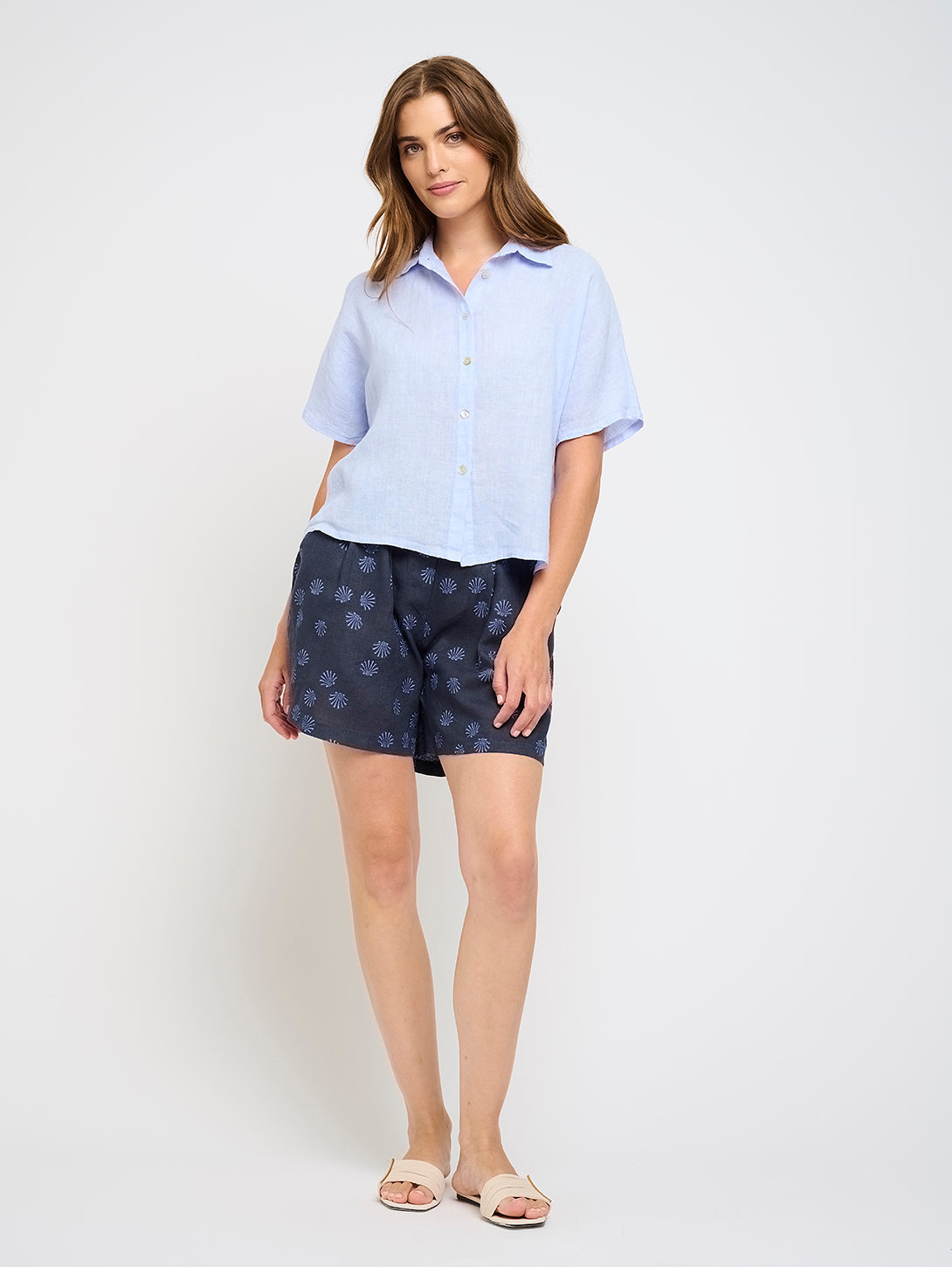 Short Sleeve Linen Blouse - Sky Blue