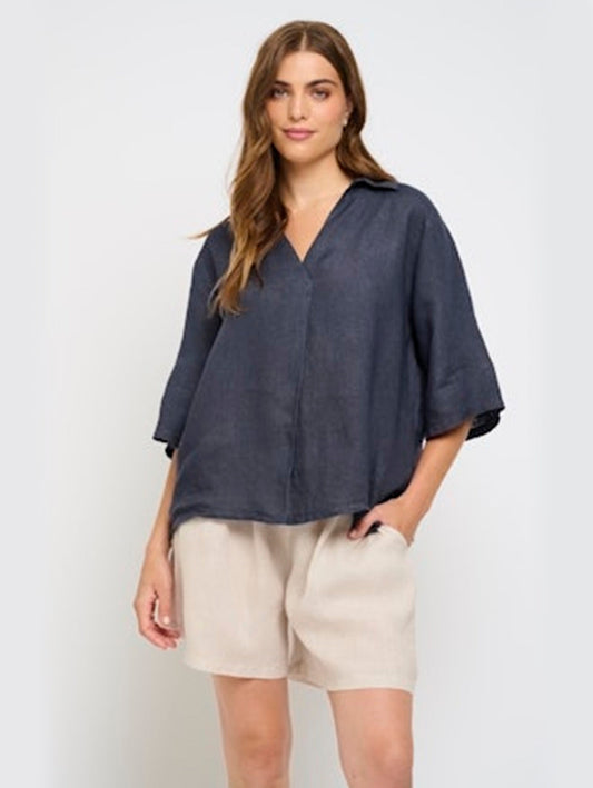 Linen Pull Over Blouse - Midnight Navy