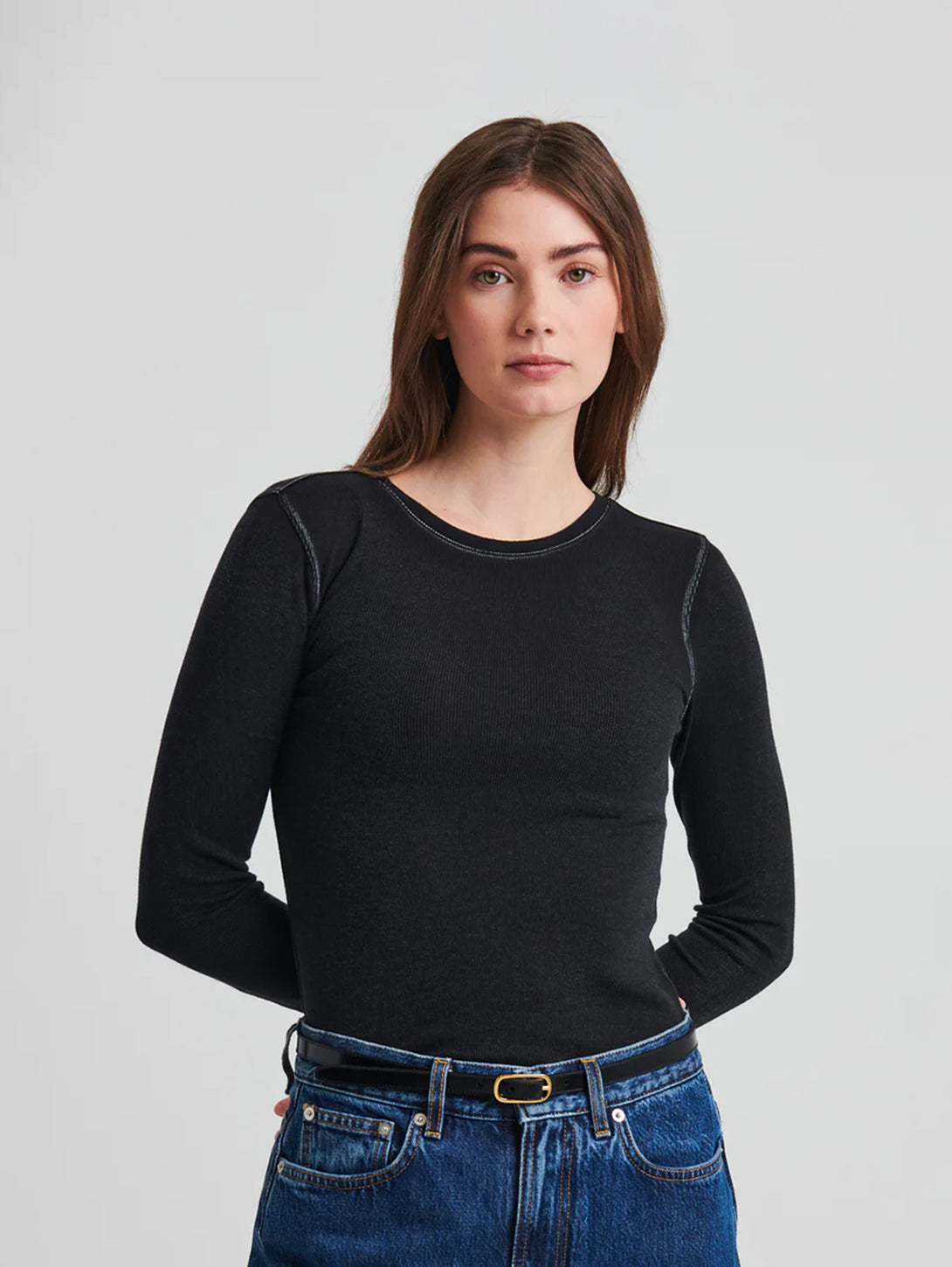 Long Sleeve Vintage Wash Ribbed T-Shirt - Black