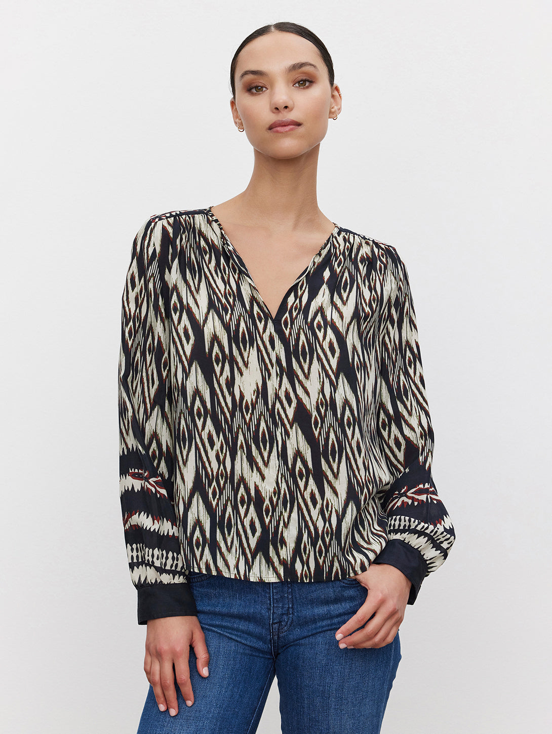 Abrielle Ikat Long Sleeve Top - Black Ecru