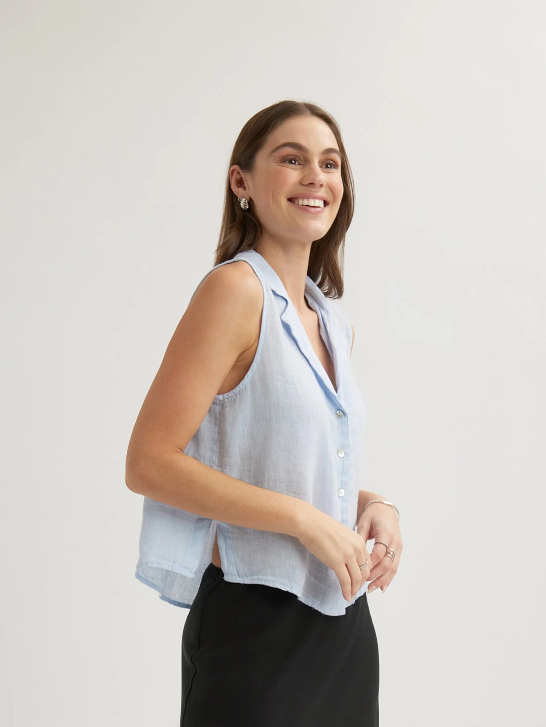 Sleeveless Notch Collar Button Down Shirt - Perennial Blue