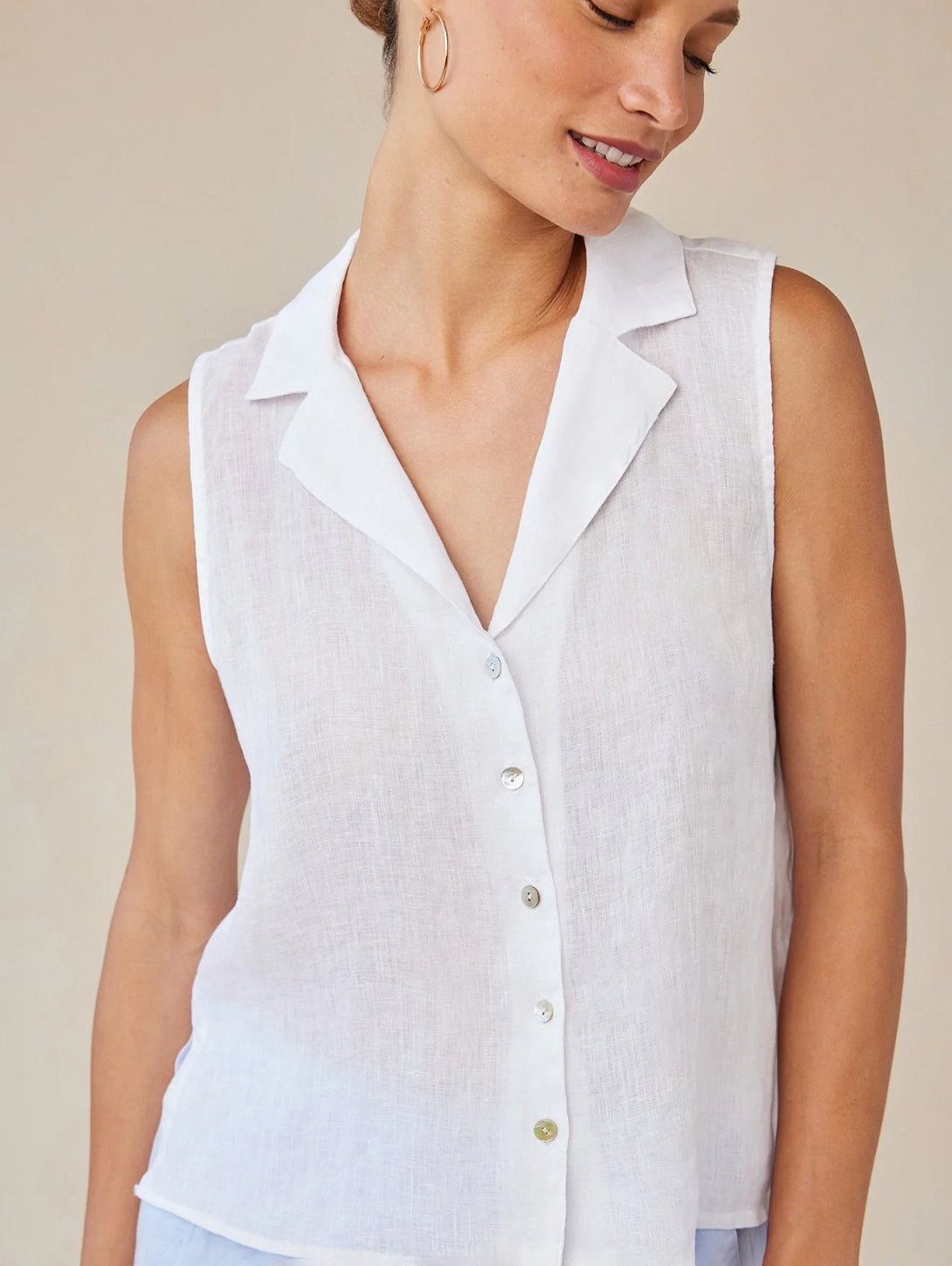 Sleeveless Notch Collar Button Down - White