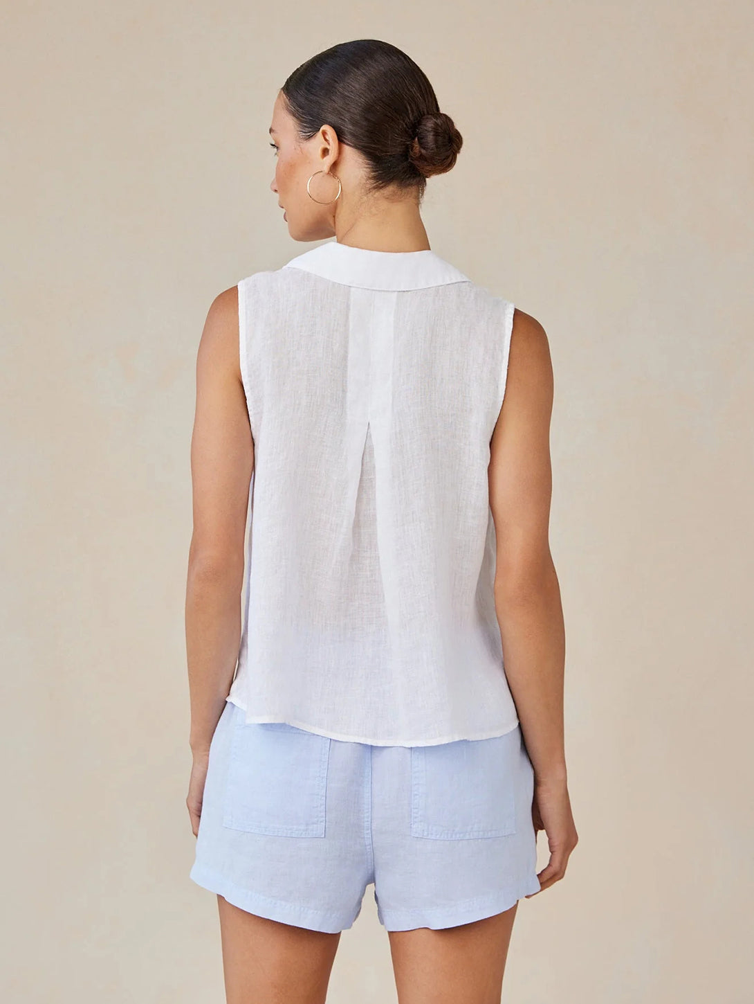 Sleeveless Notch Collar Button Down - White